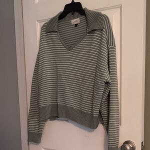 Universal Thread Sage Green and White Striped V-Neck Sweater
